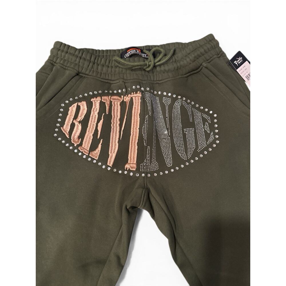 Copper Rivet Men's Olive Flared Sweatpants Rhinestones Drawstring Elastic M - Picture 2 of 9